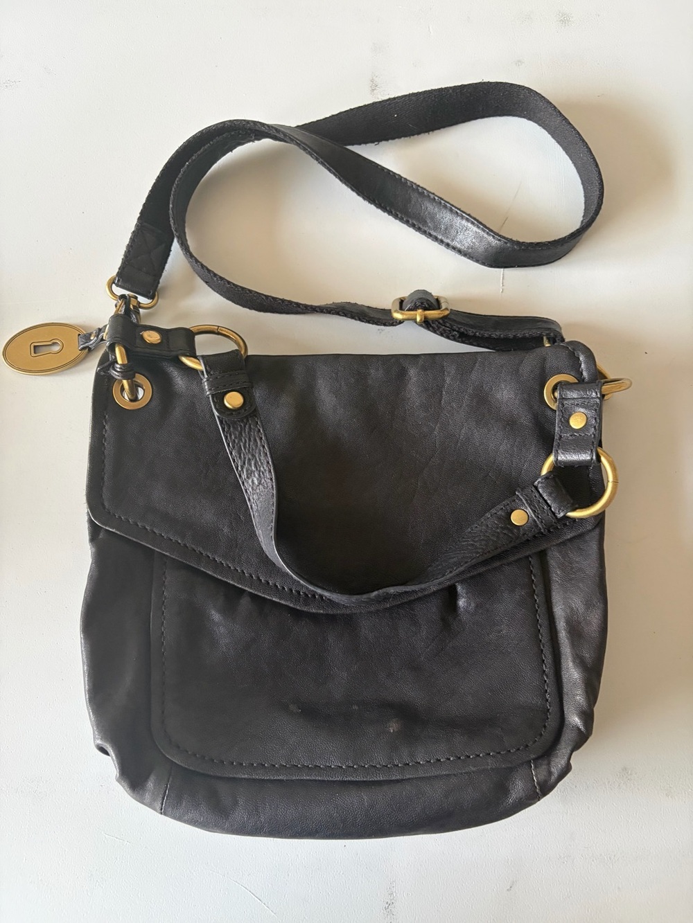Fossil Purse Shoulder Bag Crossbody Strap Black Leather